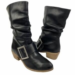 NWOT Chinese Laundry Two-Step Women's 7 Black Silver Buckle Pull-On Heeled Boots